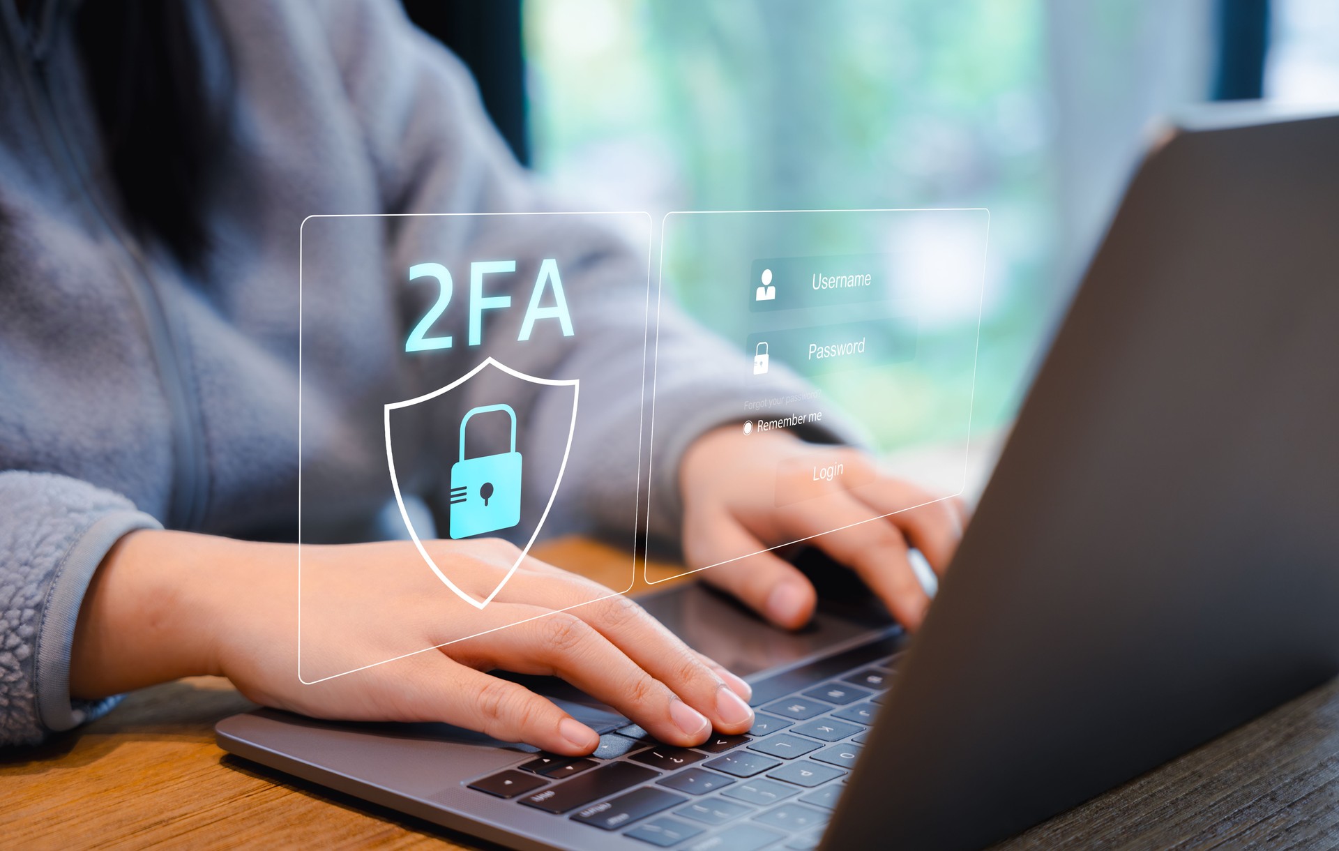 Two-Factor Authentication for Cyber Security. Person using a laptop with a digital screen displaying a shield icon and "2FA" representing two-factor authentication and enhanced cyber security measures